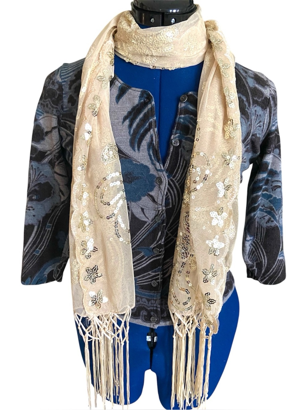 Ivory and Gold Sequins Fringe Sheer Large Scarf Wrap - 46 x 80”